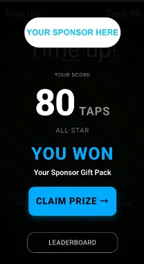 Phone results showing 80 taps and a sponsor gift pack prize